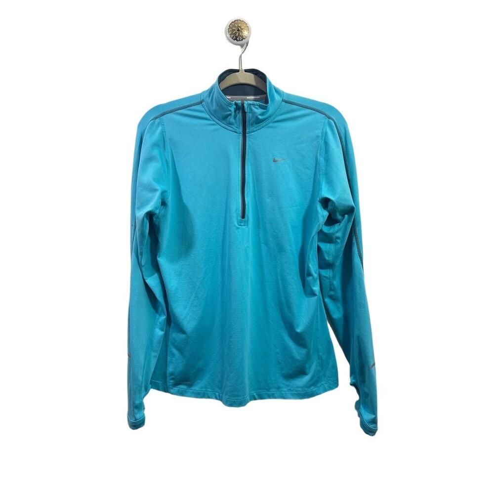 Nike Running Athletic Womans Medium Turquoise Blue Thumbhole Cuffs Quarter Zip
